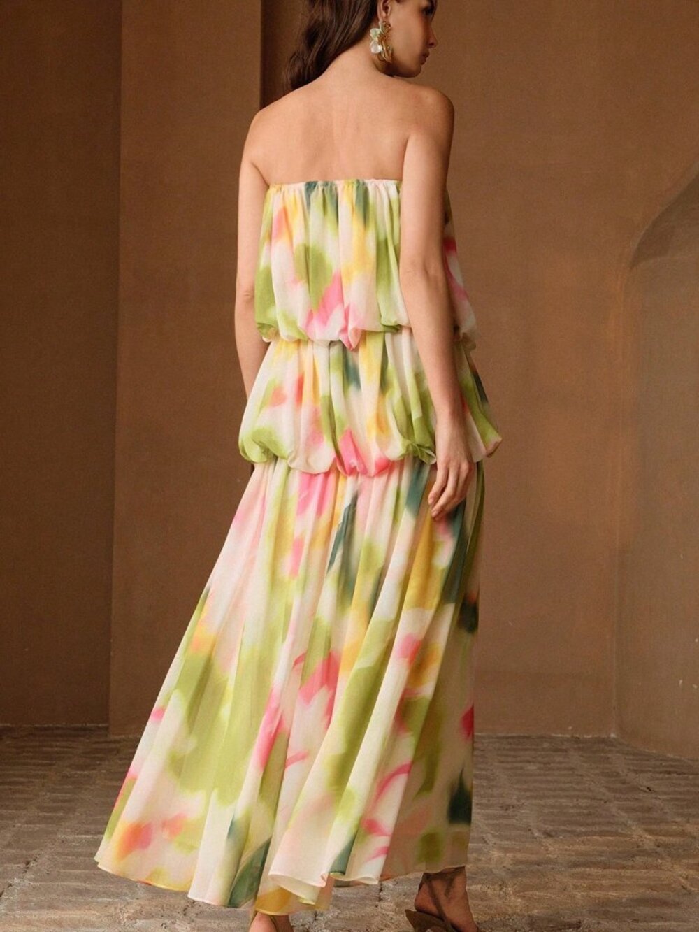 Multicolor Preppy Women's Floral Print Chiffon Sleeveless Tiered Maxi Dress - Picture 2 of 8